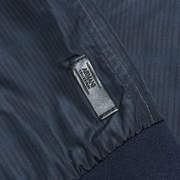 Armani Collezioni Windbreaker Blouson Leather Trim Striped Blue Jacket Mens 46 - Picture 6 of 13